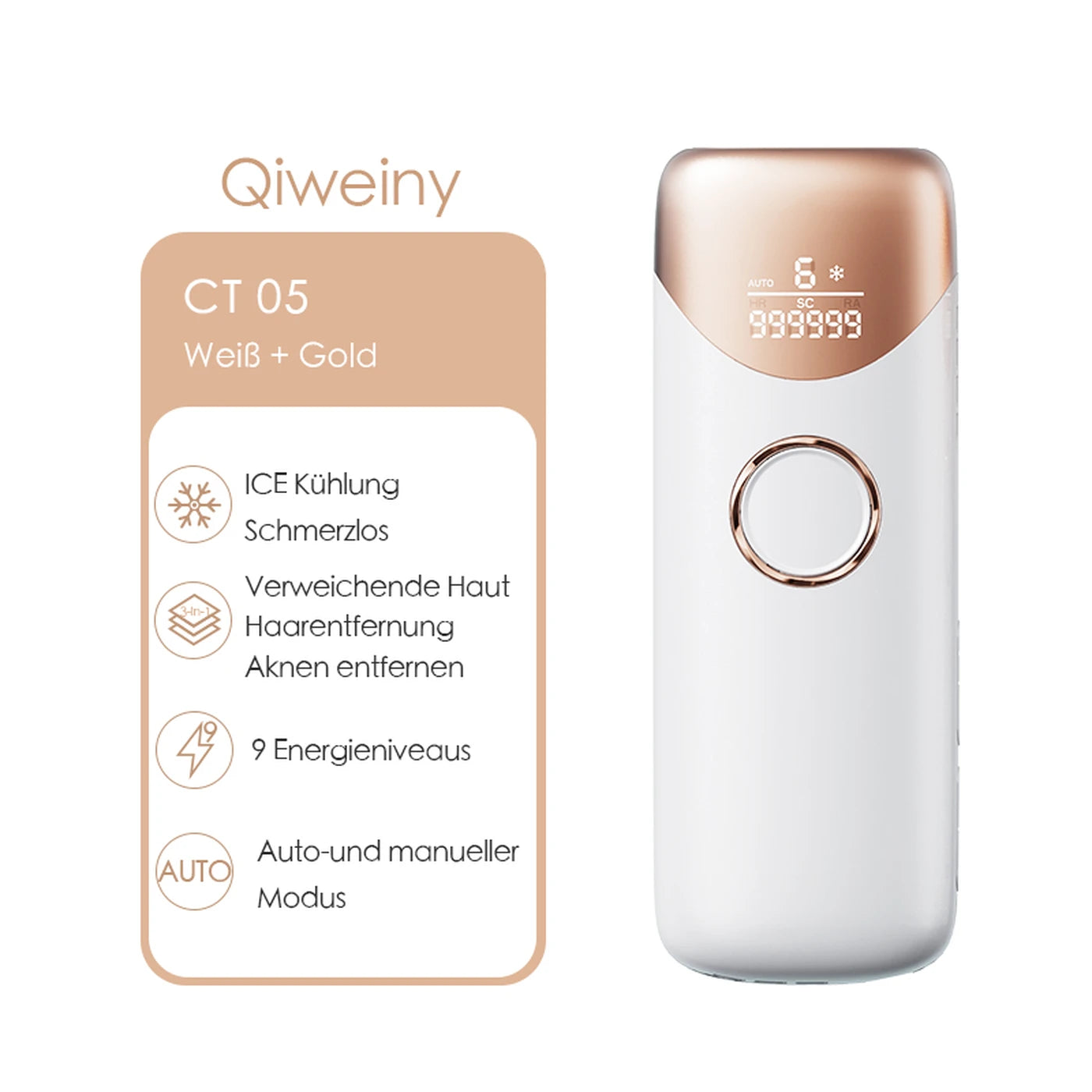 Qiweiny CT05 IPL Ontharingsapparaat - IJskoeling - 9 Intensiteitsniveaus - 3-in-1 - Wit