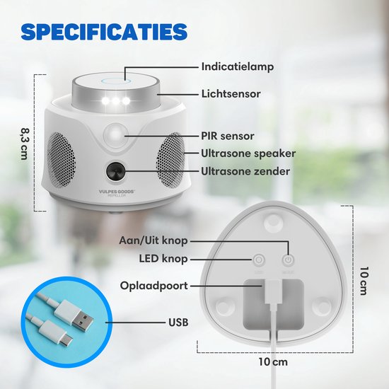 Vulpes Goods® Verjager - Ultrasonische Muizenverjager - Ongedierte Verjager Voor Binnen - Diervriendelijk Muizen en Insecten Bestrijding - Diervriendelijke Muizenval - 360 Graden Bescherming - Pest Repeller - MAX versie - Wit