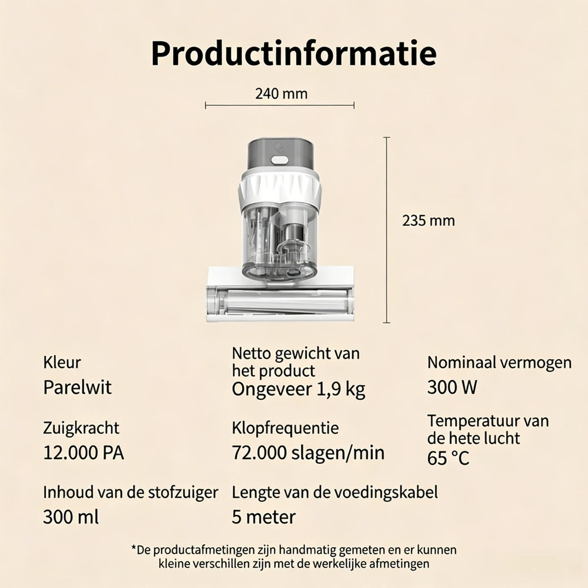 Ochama Matrasstofzuiger met UV-C-licht en Warme Lucht - 12 kPa Zuigkracht - 300 W - 24 x 23,5 cm - Wit