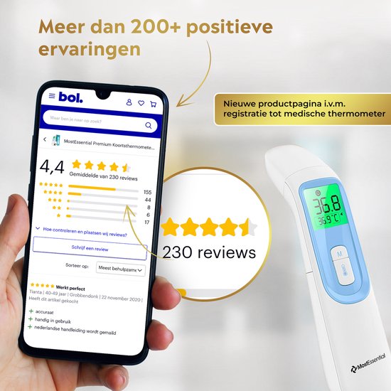 MostEssential Premium Koortsthermometer – Oorthermometer & Voorhoofd – Contactloos – Volwassenen, Kinderen, Baby – 20D