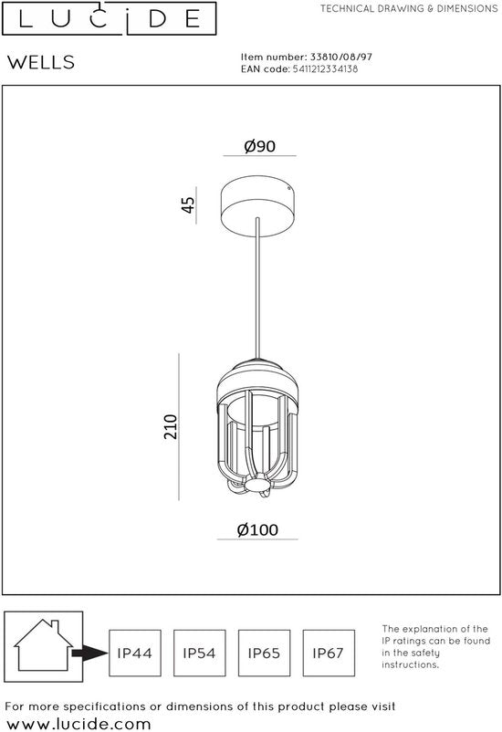 Lucide WELLS - Hanglamp Binnen/Buiten - Ø 10 cm - LED - 1x8W 2700K - IP54 - Roest bruin | Essential