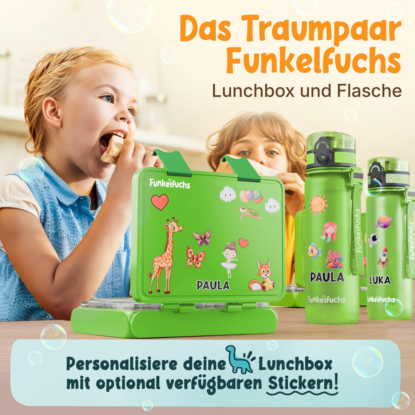Funkelfuchs® - Lunchbox kinderen met vakverdeling - 800ml, groen - Lunchbox maanlicht, groot - Snackbox, snackbox, broodtrommel, maaltijdbox, bentobox kinderen - voor school, crèche en kinderdagverblijf