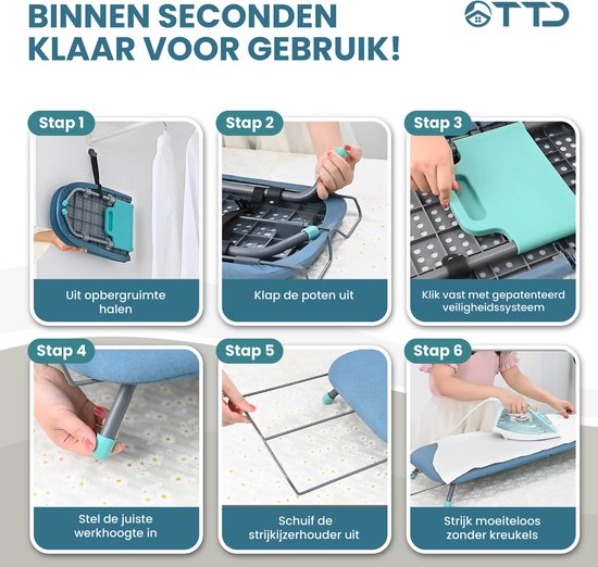 TTD® Uitklapbare Strijkplank Zonder Vouwlijn - Inclusief Mouwplankje en Ophanglus - Mini Strijkplank met Strijkijzerhouder - Opvouwbare Tafelstrijkplank - Kleine Inklapbare Strijkplank