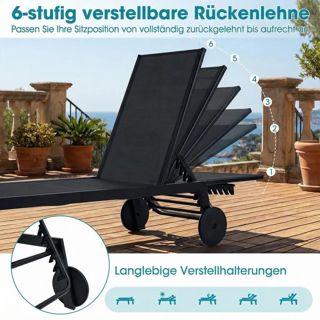 Coast Tuinligbedden - Verstelbaar - Wielen - Sneldrogend - 190 x 59 x 99 cm - Zwart