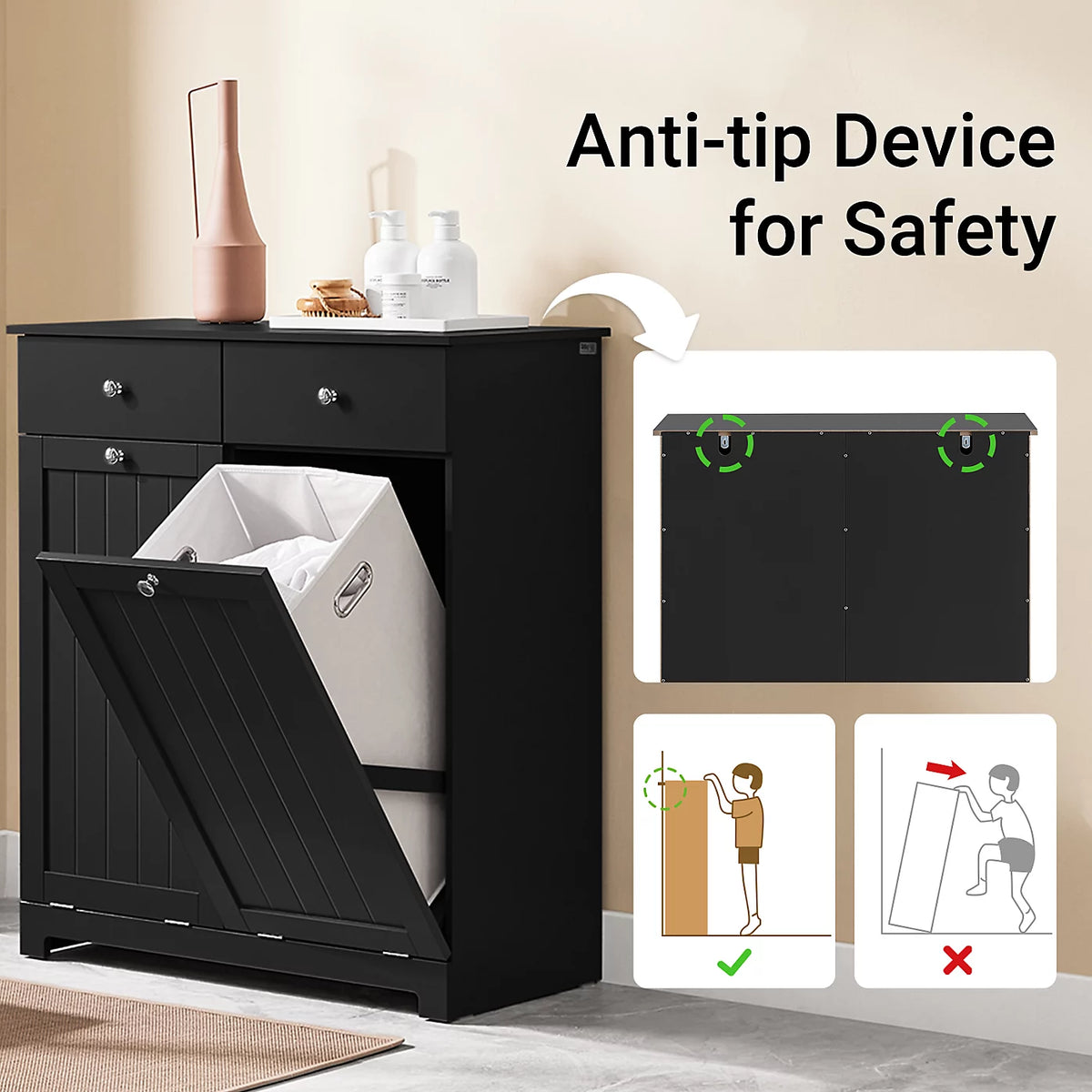SoBuy Vrijstaande Badkamerkast Wasmandkast – Voorzien Van Twee Uitneembare Wasmandzakken En Twee Laden En Vier Siliconen Pads – Voor Badkamer En Wasruimte – Zwart Mdf En Stof – 78 x 39 x 91 cm