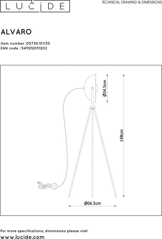 Lucide ALVARO - Vloerlamp - 1xE27 - Zwart