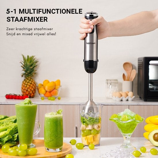 Safecourt Kitchen Staafmixer Set -  5 in 1 Multifunctionele Staafmixer - 20 Snelheden - 1000 Watt - Hakmolen - Inclusief Melkopschuimer & Maatbeker