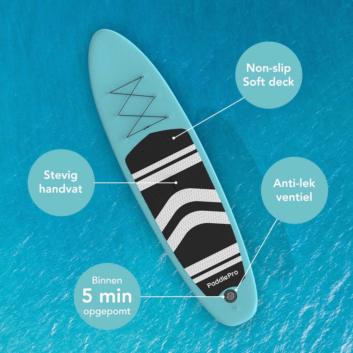 LifeGoods SUP Board - met Zitje - Opblaasbaar Paddle Board - Complete Set - Max. 135KG - 320x81cm - Mintgroen/Zwart
