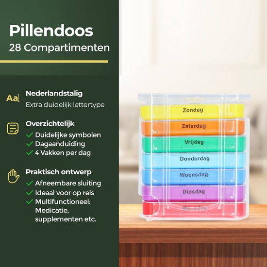Gandria Pillendoos 7 Dagen - Uitneembaar Pillendoosje - Stapelbare Medicijndoos met 28 Compartimenten - Medicijndoos met Stevige Sluiting - 4 Vakken per Dag - 7 Kleuren