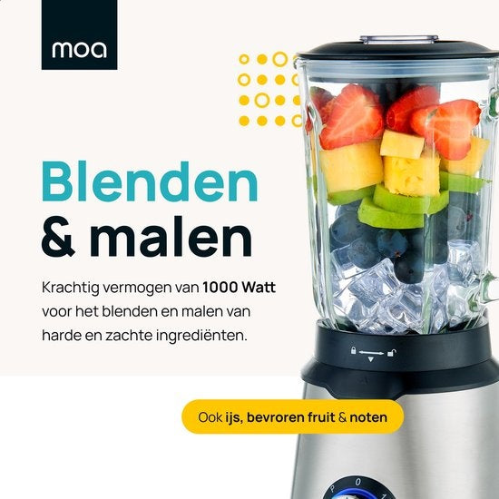 MOA - Krachtige blender - Met glazen kan - 1,5 liter - 1000 watt - TB61 - Roestvrij staal