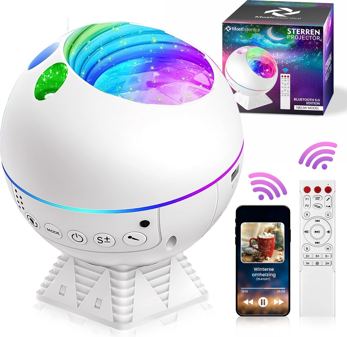 MostEssential Premium Sterren Projector - Bluetooth 5.0 - USB - 3000 lm - Wit