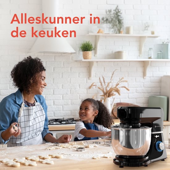 KitchenBrothers Keukenrobot - 6-in-1 Keukenrobot - 1500W - Met Gehaktmolen, Blender en 15 Accessoires - 6,2L RVS Kom - Zwart