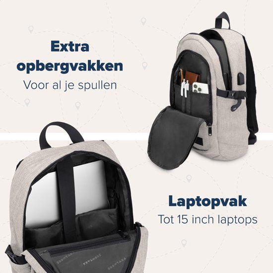 TRVLMORE Rugtas - 25L - 15,6 Inch - Laptop Rugzak met USB - Schooltas - Heren en Dames - Tas Champagne