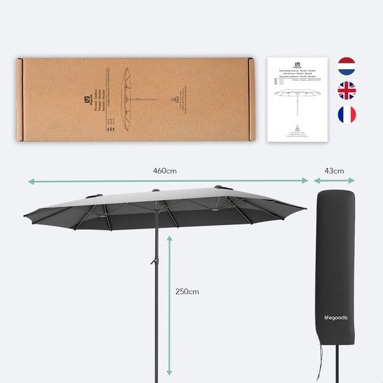 LifeGoods Dubbele Parasol - 270x460cm - Waterdicht - met Hoes - Donkergrijs