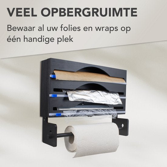Nimma Rollenhouder - Keukenrolhouder en Foliehouder in 1 - Incl. Ophangsysteem en Foliesnijder - Geschikt voor 3 Rollen Folie - Bamboe - Zwart