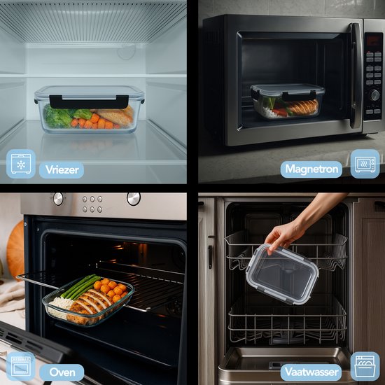 Aviro Vershoudbakjes Glas - 6 Stuks - Meal Prep Bakjes - Vriezer, Magnetron & Oven Bestendig - BPA Vrij - Luchtdicht - 1L