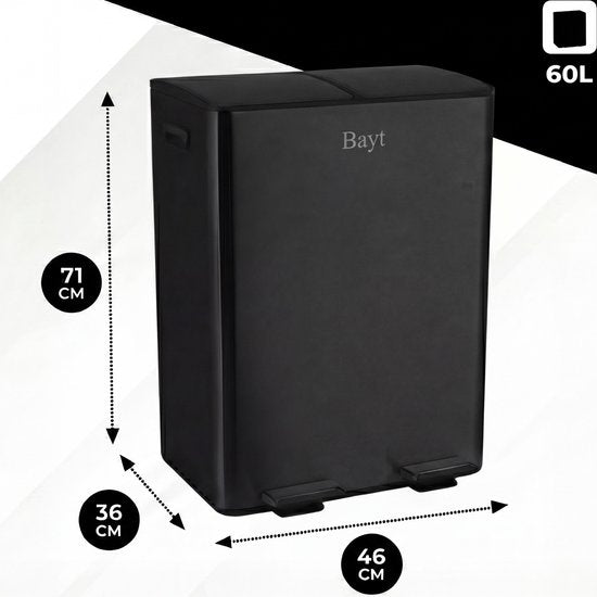 Bayt Prullenbak 60 Liter 2x30L Afvalscheiding RVS - Zwart