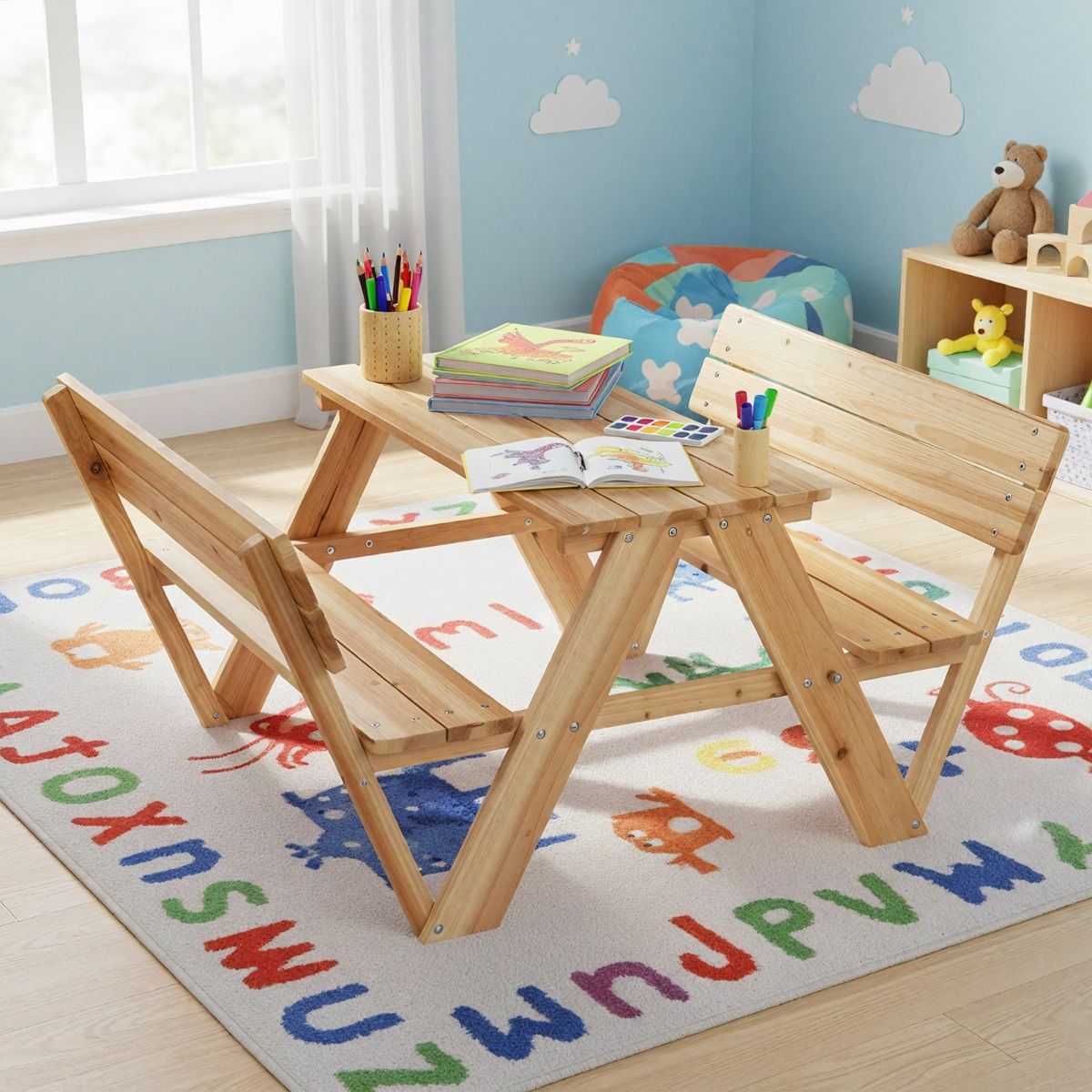 Coast Kinderpicknicktafel - houten peutertafel en bankenset - met rugleuning - naturel