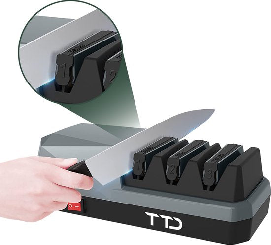 TTD® Premium Messenslijper Elektrisch - 3 Standen - Voorbewerken, Slijpen en Polijsten - Antislip - Doortrekslijper - Knife Sharpener - Aanzetstaal voor Messen