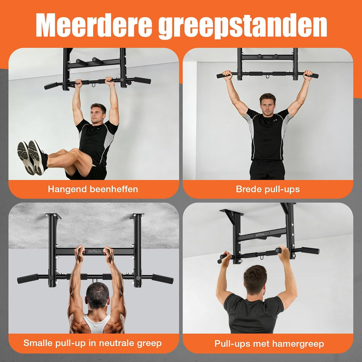 DH FitLife Plafond Optrekstang 4-in-1 - 8 Grepen - Tot 300 kg - 44,5 x 25,5 cm - Zwart