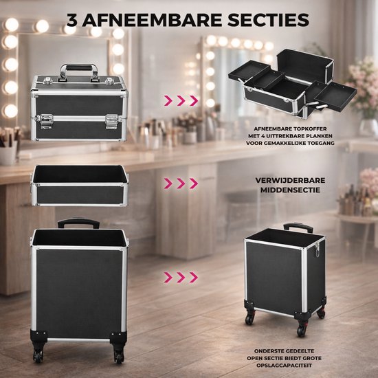 Travli Make Up Trolley - Make up koffer - Kapperskoffer - Beautycase - Cosmetica koffer - 106* 40* 31,5 cm - Zwart