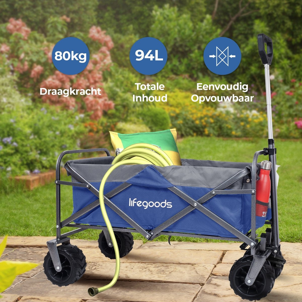 LifeGoods Bolderkar - Opvouwbaar - tot 80KG - 94L - Wasbaar Polyester - 98x45cm - Blauw/Grijs