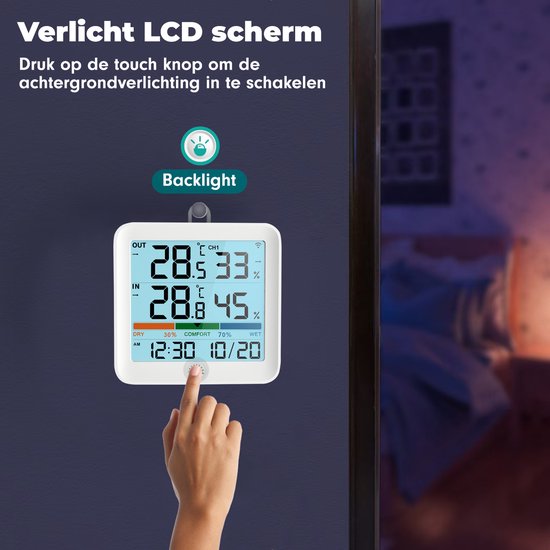 Iqonic Draadloos Weerstation - Voor Binnen en Buiten - Op Batterijen - Luchtvochtigheidsmeter - Met Buitensensor - Wit