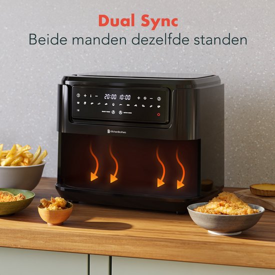 KitchenBrothers Airfryer XXL Dual Zone - 9L - 2400W - Heteluchtfriteuse - Snackverdeler - 50ºC tot 200ºC - 10 Kookprogramma's - Zwart