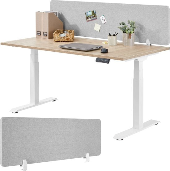 tectake® Bureauscherm scheidingswand Noisy - Met geluidsabsorberende PET-kern - Inclusief 2 bevestigingsklemmen - Afmeting (LxB) 160 x 40 cm - Grijs