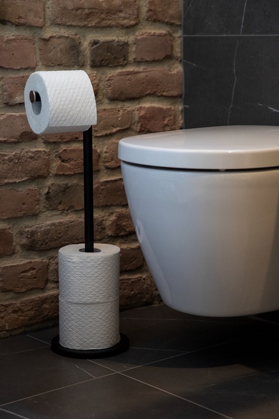 WENKO Toiletrolhouder 2-in-1 zwart staal - Reserverolhouder - Toiletpapier houder vrijstaand- WC Rolhouder staand - Zwart