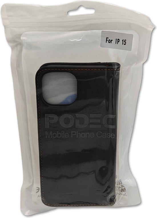Podec Hoesje met Pasjeshouder Geschikt voor iPhone 15 Zwart Telefoonhoesje - Anti-Shock Bookcase Cover met 1x Screenprotector - Wallet Case