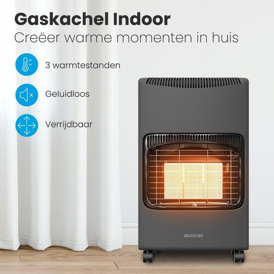Auronic Mobiele Gaskachel - met Wieltjes - tot 60 m² - 4100W Heater - Inclusief Gasdrukregelaar en Gasslang - Grijs