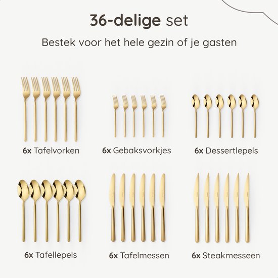 Deleca 6 Persoons Luxe RVS Bestekset Amor (36-delig) - Lepels, Messen, Vorken, Steakmessen & Gebaksvorkjes - Vaatwasserbestendig - Goud Design Bestek - 18/0 Edelstaal