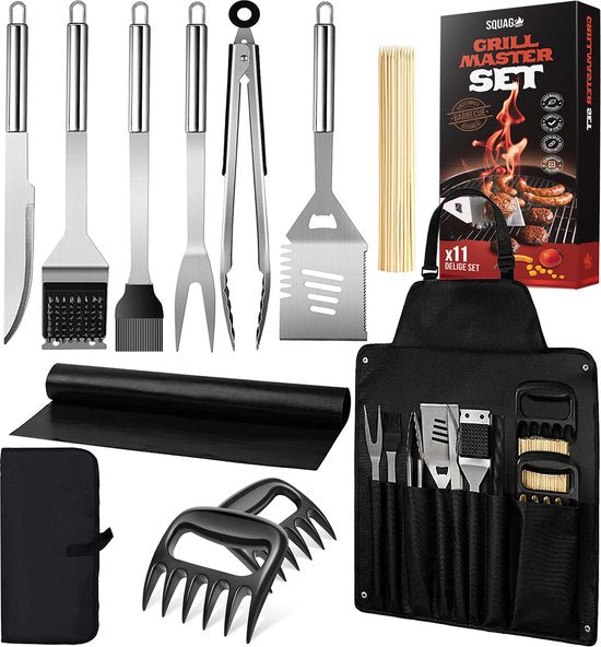 Squago BBQ accessoires XXL Set met Schort - Gereedschap - Gereedschapset Tang Borstel Mat