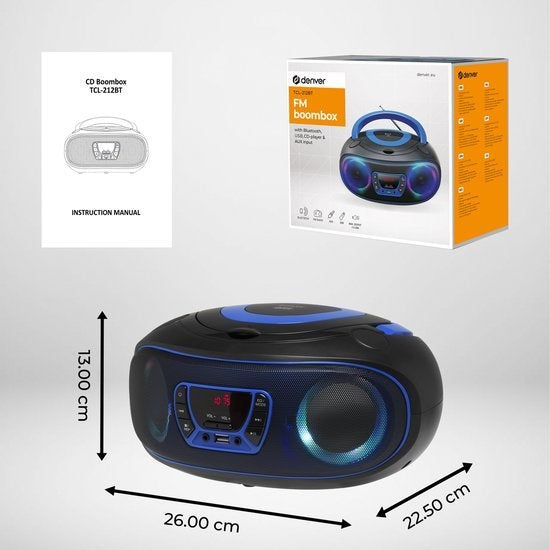 Denver Draagbare Radio CD Speler Kinderen - Bluetooth - Lichteffecten - Boombox - AUX - FM - TCL212BT - Blauw