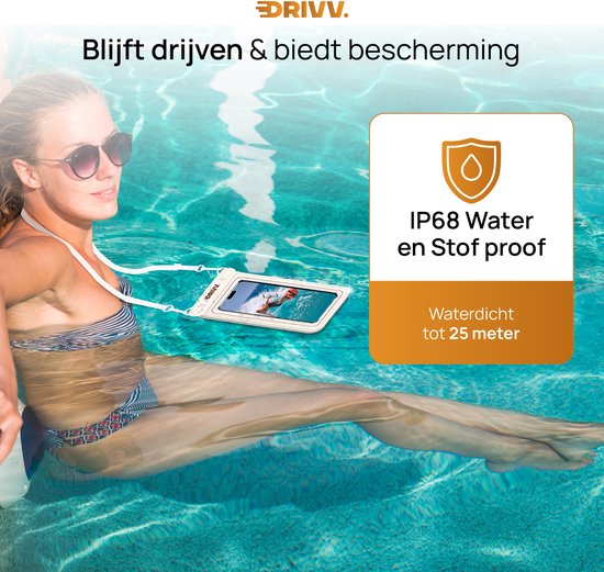 Drivv. Luxe Waterdicht Telefoonhoesje – Drijvend - Dubbele Klipsluiting - Telefoons tot 6.8 inch – Onderwater Hoesje Telefoon - Beige