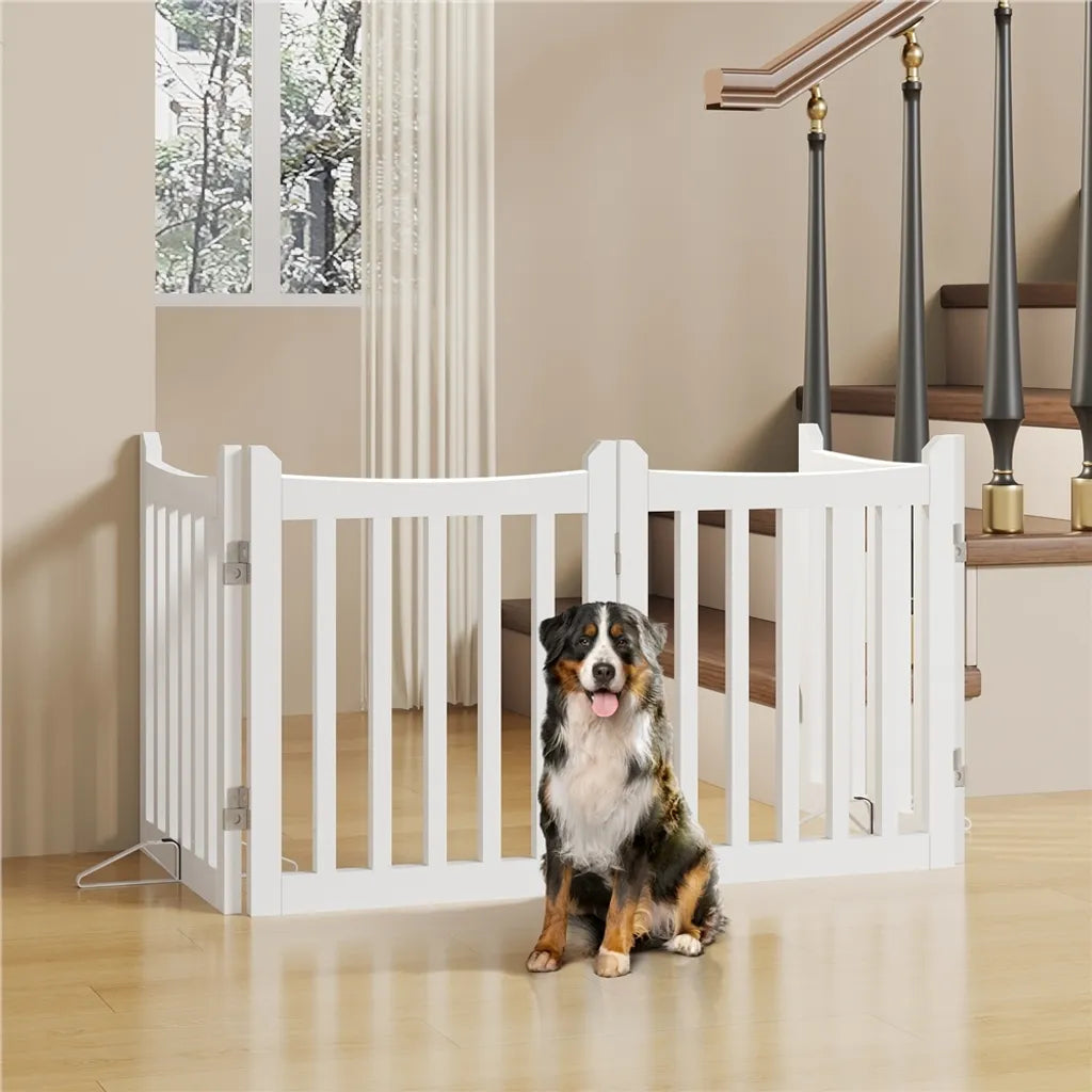 Yaheetech Hondenhek Opvouwbaar 204,5 x 60,5 cm - Wit - Houten Veiligheidshek met 4 Panelen