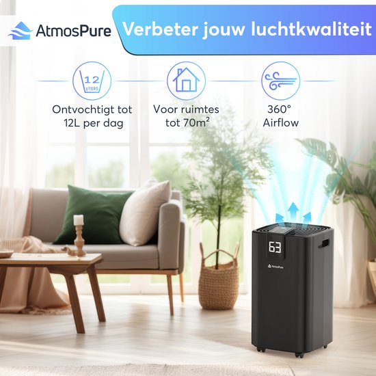 AtmosPure AirDry Elite Luchtontvochtiger - Ontvochtigt 12 Liter per Dag - Wasdroogfunctie - Zwart