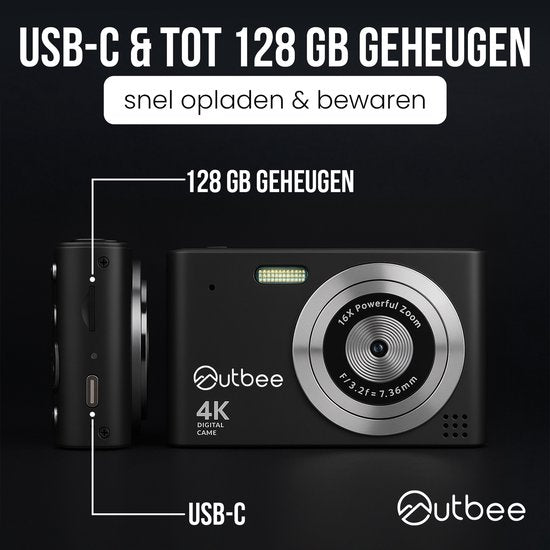 Outbee Digitale camera - Fototoestel - Digitale camera - Compact - Foto's en video's - 8 Beeldresoluties - 128GB - Zwart
