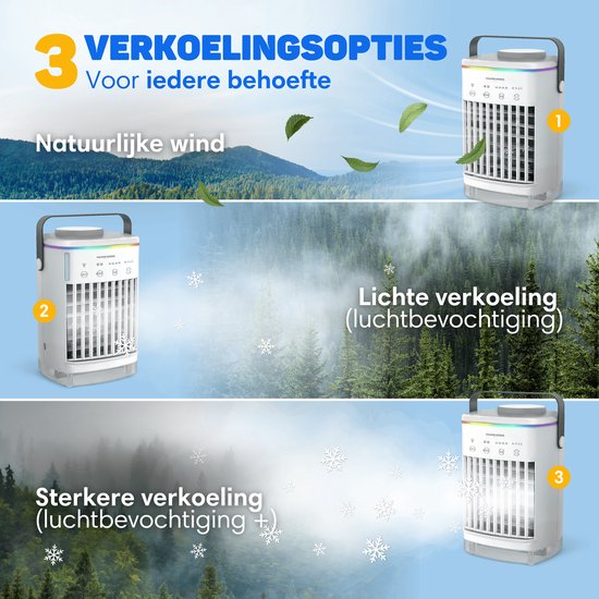 Vulpes Goods® Tech - Mini Airco PRO - Mobiele Airco - Luchtkoeler 4in1 - Aircooler - Tafelventilator - 4 windsnelheden, 2 luchtbevochtingsstanden & timer - Lekvrij - Wit