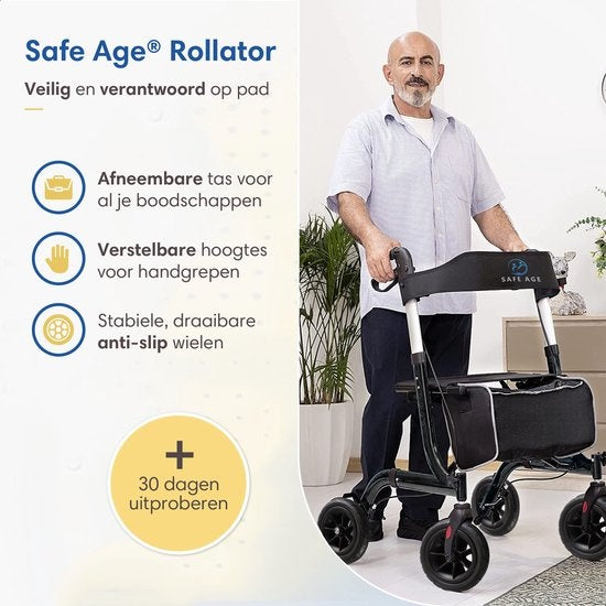 SafeLife Rollator – Verstelbaar, Opvouwbaar & Met Zitfunctie – 137 kg draagvermogen – 70 x 61 x 95 cm – Zwart