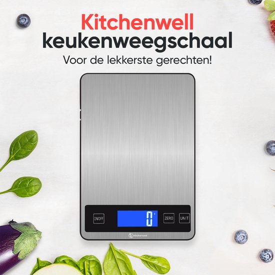 Kitchenwell Digitale Precisie Keukenweegschaal – Weegschaal Keuken - 1gr - 10kg – Tarra Functie - USB Oplaadbaar - Grijs