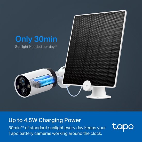 TP-Link Tapo A200-Zonnepaneel - Ontworpen voor Tapo battery camera's- 4.5W oplaadvermogen- IP65 weerbestendig - 4M kabel - 360-graden draaibaar