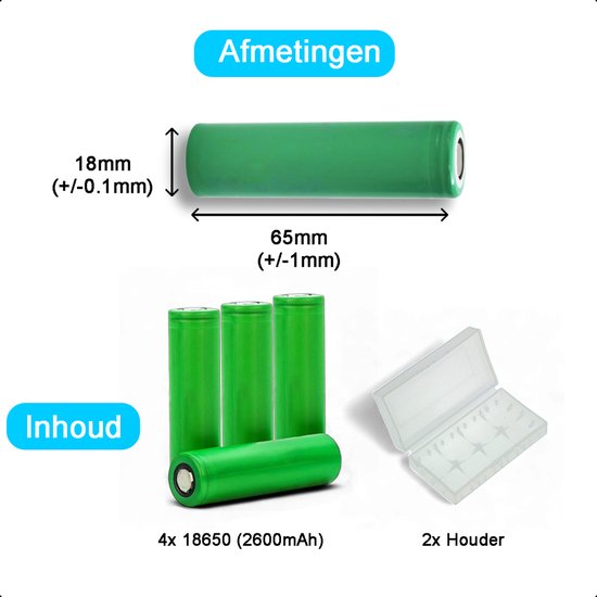 Tech Essentials 18650 Rechargeable Li-ion Battery - 2600mAh 3.7V - 7.8A - Lithium - Holder - Battery - 4-Pack