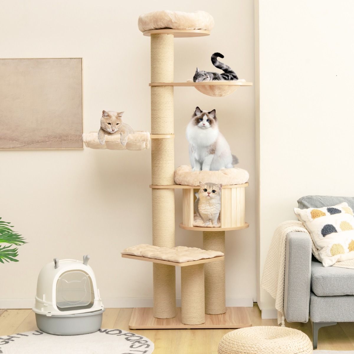 Coast Kattenklimrek - Meerdere niveaus - Krabpalen en hut - Hangmat en wasbare matten - Beige 75 x 56 x 191 cm
