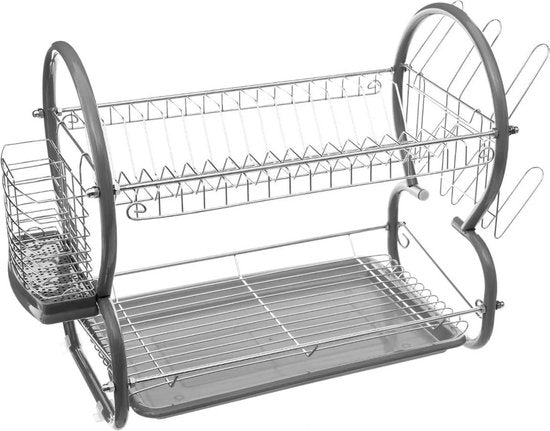 Afdruiprek/afwasrek 2-laags met lekbak en verwijderbare bestekbak grijs 43 x 24,5 cm van metaal - Afwassen
