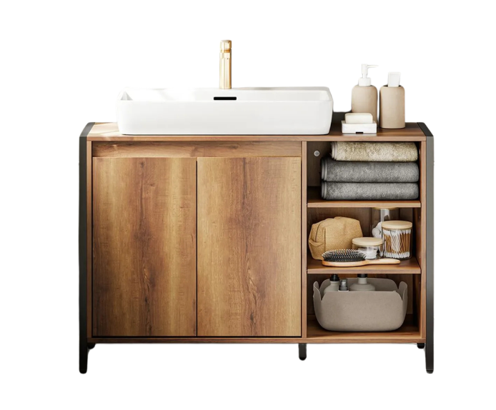 SoBuy Wastafelonderkast 90 x 30 x 60 cm - Bruin/Zwart - 2 Deuren - 3 Schappen