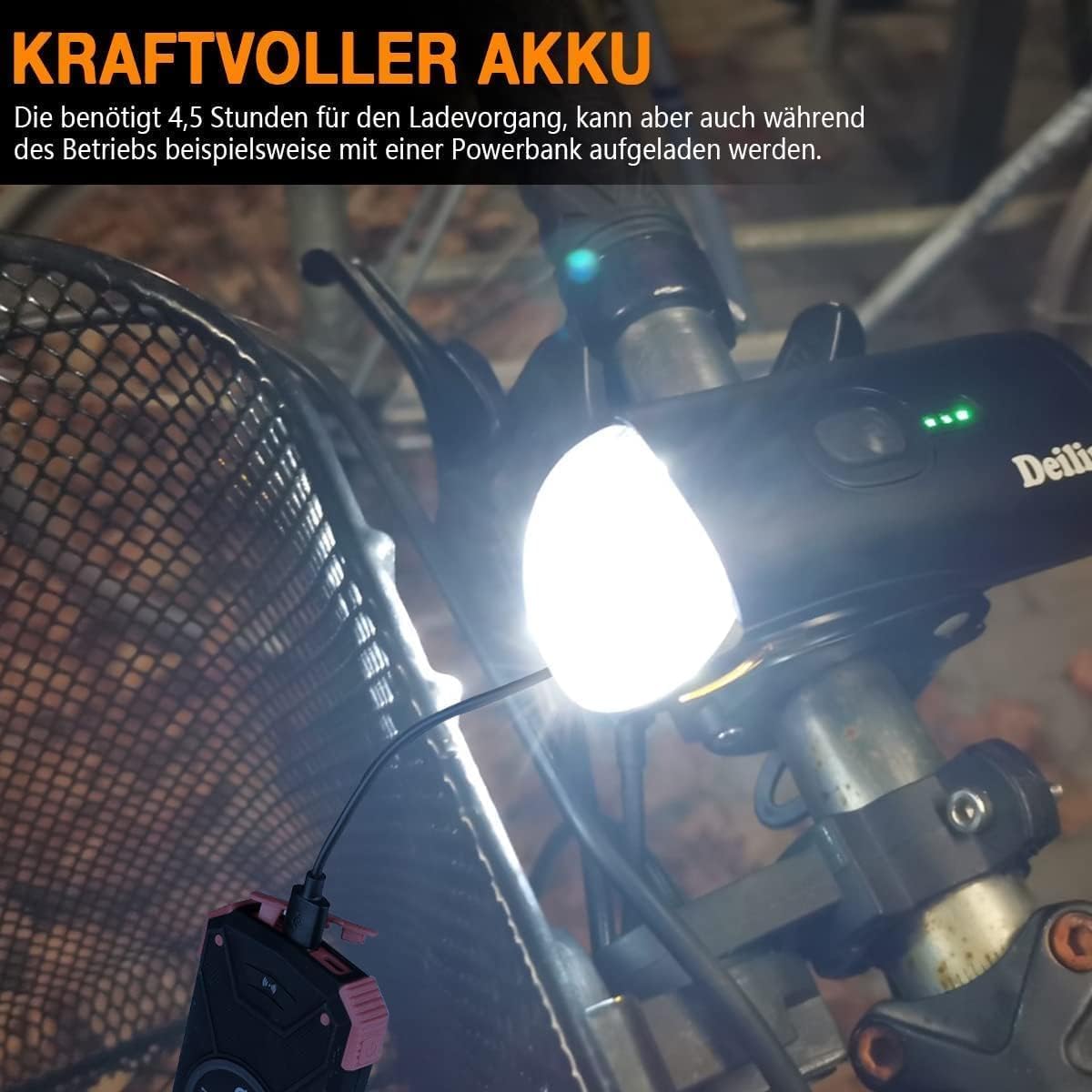 Deilin Fietsverlichting Set Premium – Voorzien Van Slimme Helderheidsregeling En Batterij-indicator En Ipx5 Waterdicht Frame – Voor Stuurmontage En Rijveiligheid – Zwart Polycarbonaat – 100 Lux