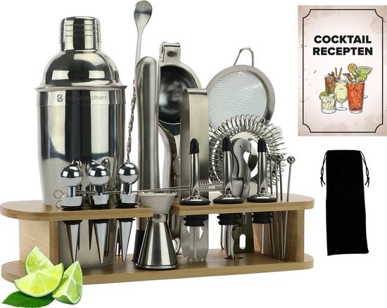 KitchenBrothers Cocktail Set met Cocktailshaker - 25 Delig - Luxe Set - Cadeauverpakking - Lichtbruin/Bamboe