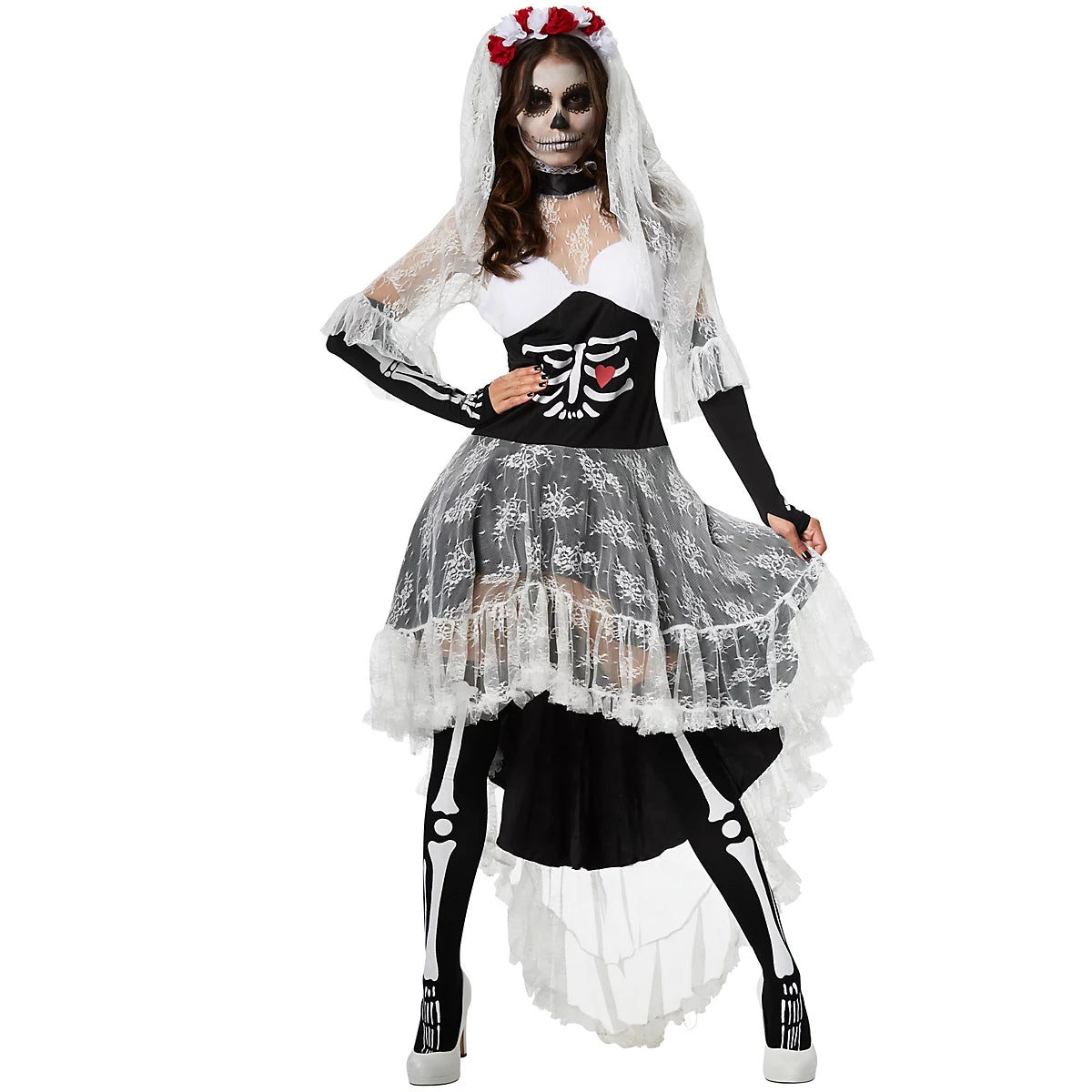DressForFun Enge Skelet Bruid Kostuum Dames – Voorzien Van Kanten Opstaande Kraag En Gevoerde Cups En Sluiersluier – Voor Halloween En Carnaval – Zwart En Wit Polyester – Maat S